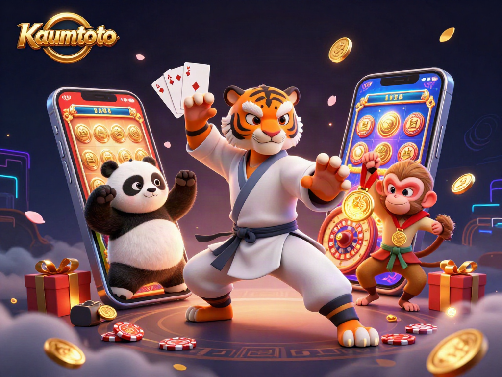 Engage with exciting gameplay at Kaumtoto, featuring a dynamic 3D illustration of casino characters and gaming elements.