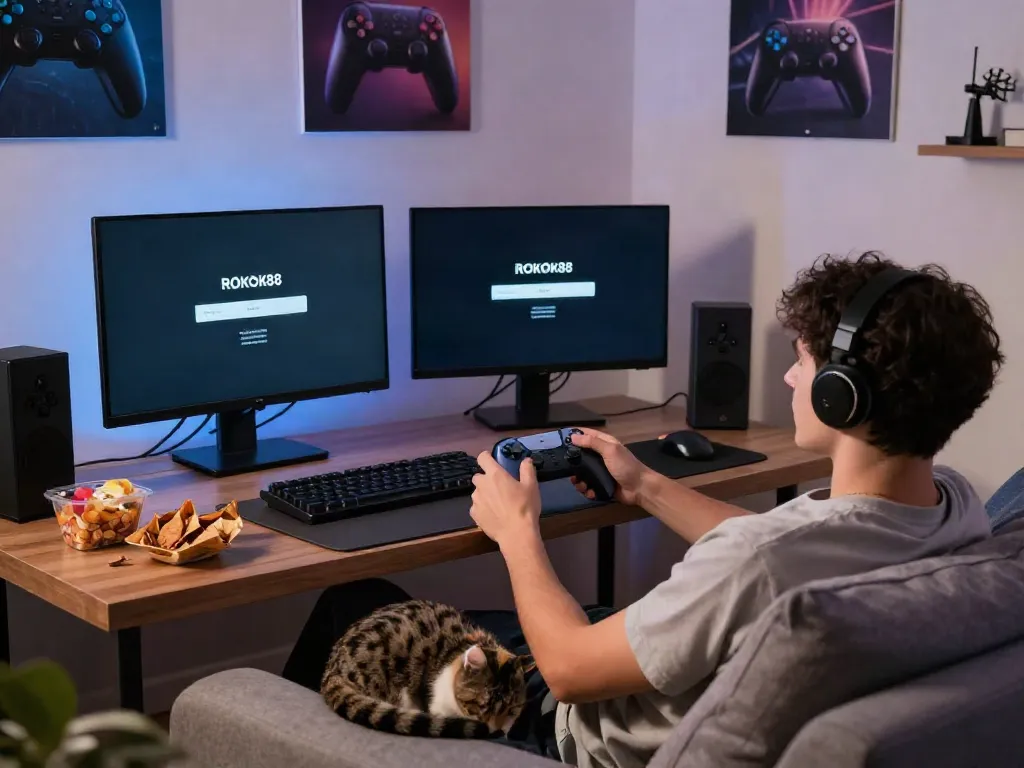 A cozy gamer reclining on a couch with ROKOK88 login displayed on a smartphone, enjoying a relaxing gaming session.
