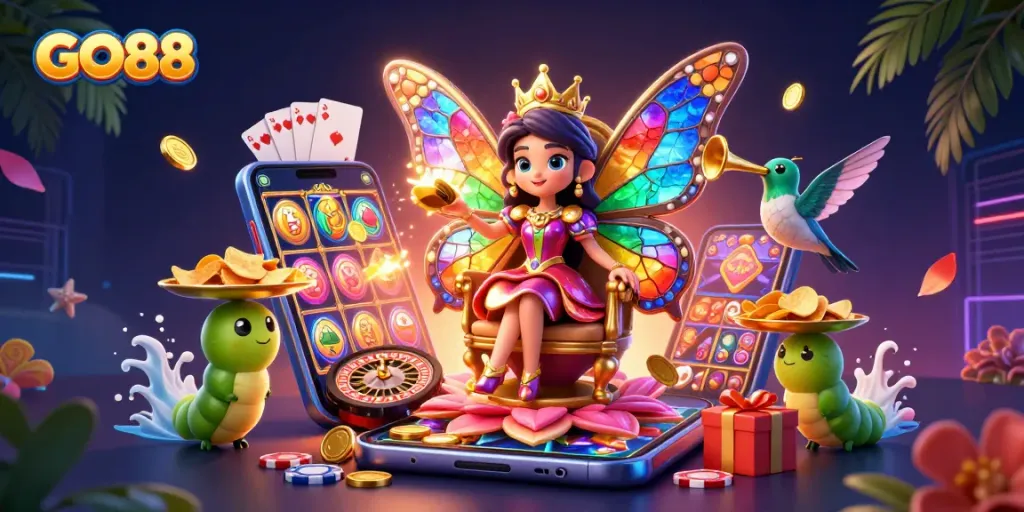Engage in thrilling casino action with GO88, highlighted by a vibrant butterfly queen and dynamic slot game elements.