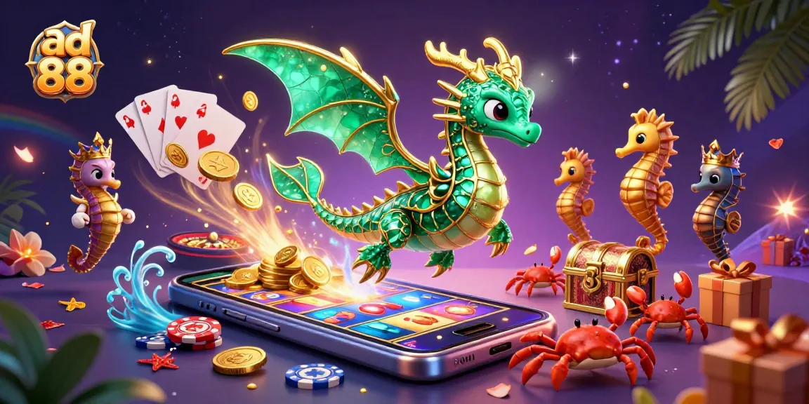 Play exciting games at ad 88 with colorful slots, coins, and a majestic sea dragon.