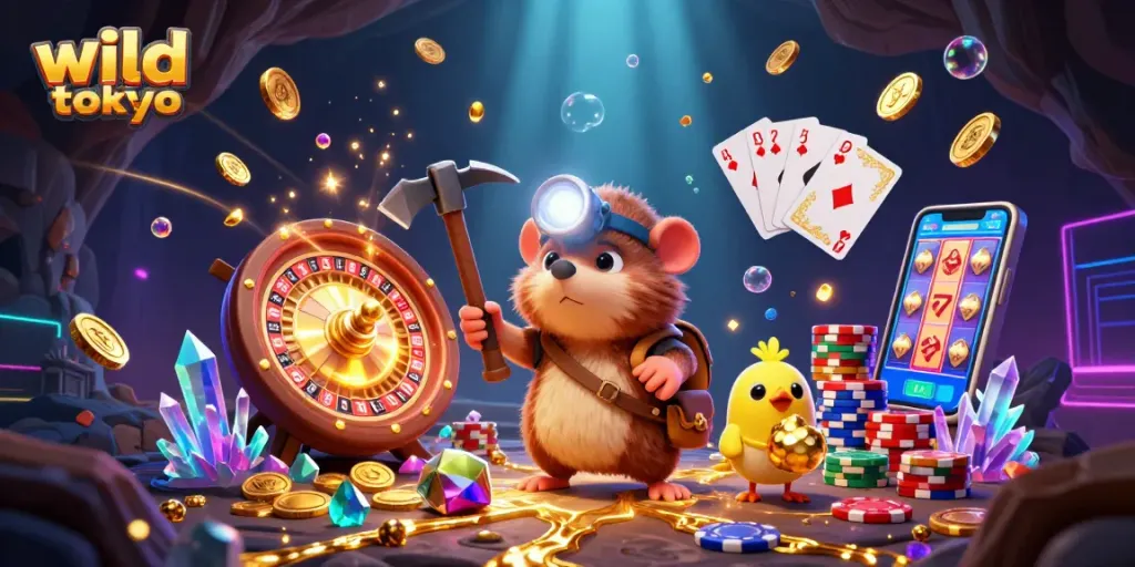 Engage with wild tokyo casino's thrilling atmosphere with a treasure hunter scene full of gold and gaming excitement.