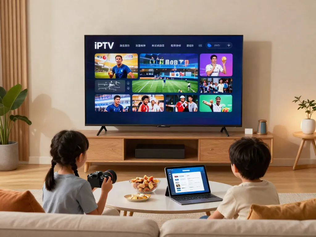 Family enjoying abbonamento IPTV in a modern living room with a flat-screen TV.