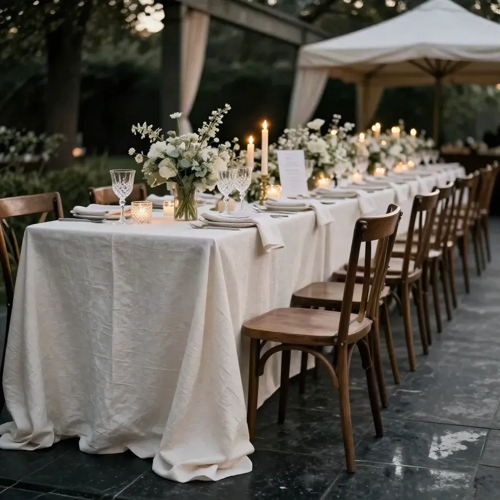 Tavolo nuziale sotto il portico con lino, calici, candele e fiori secchi, vista bassa e solenne.