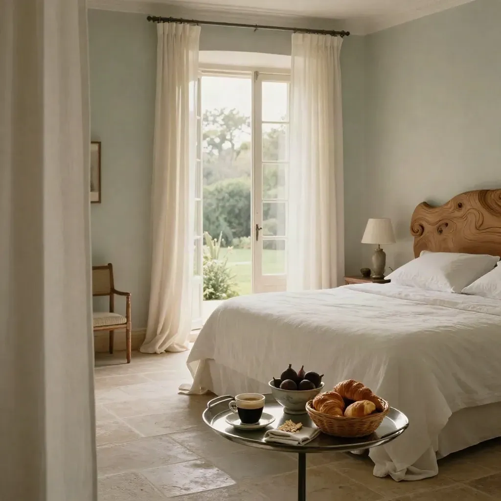 Suite Olivo con letto king, tende mosse dal vento e vassoio colazione in luce mattutina.