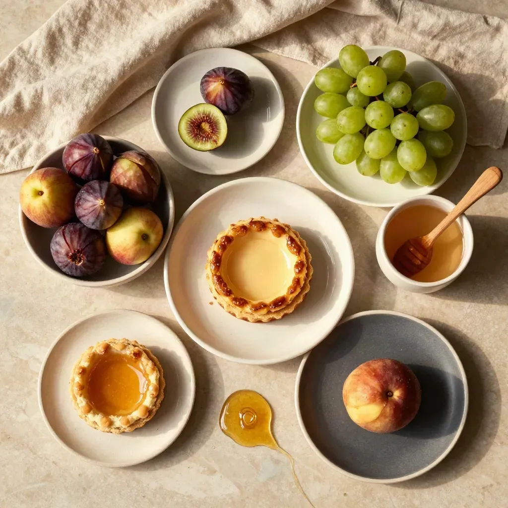 Colazione rustica con pane, torte, frutta fresca, miele e ceramiche su travertino chiaro.