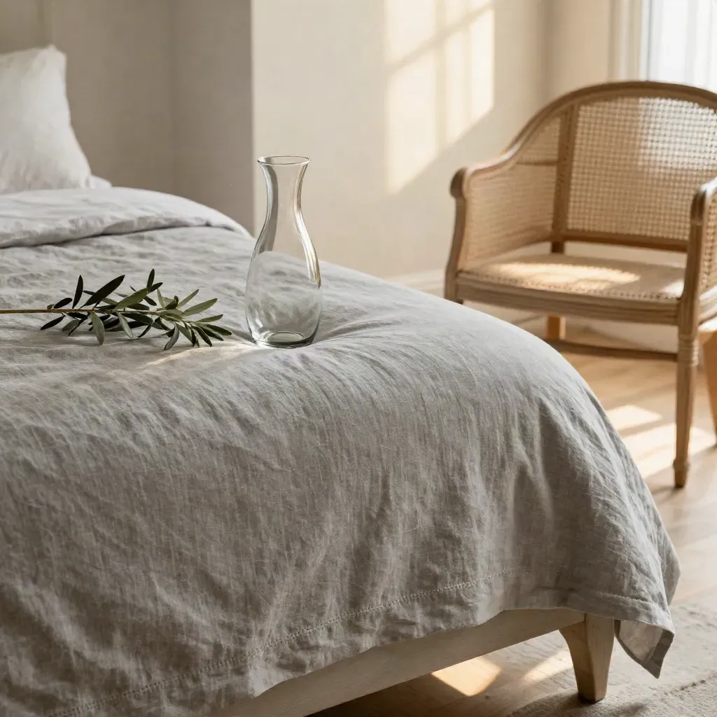 Primo piano del letto della Suite Olivo Deluxe con lino, caraffa e ramo d’ulivo