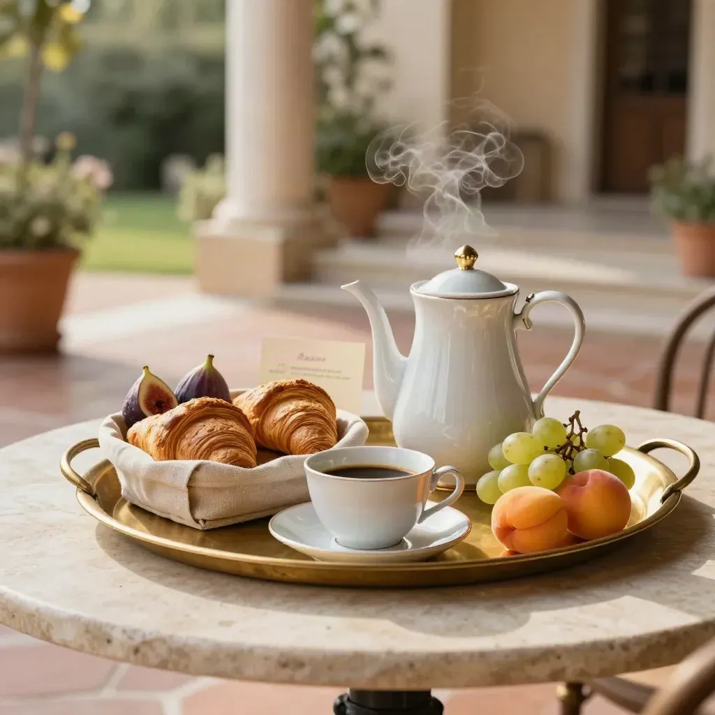Colazione servita in cortile con caffè fumante, croissant, frutta e ceramiche su tavolo in pietra.