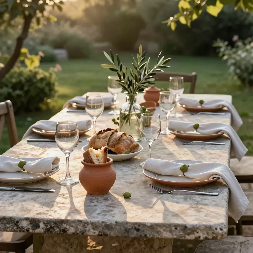 Tavola apparecchiata in giardino con pane, bicchieri, ceramiche e tovaglioli di lino al tramonto.