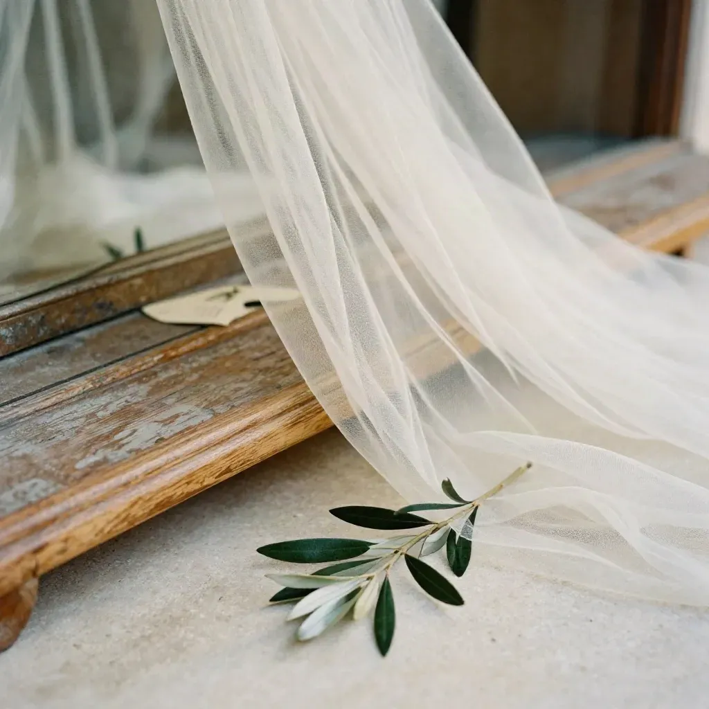 Primo piano del velo da sposa su panca in legno con specchio antico e ramo d’ulivo.
