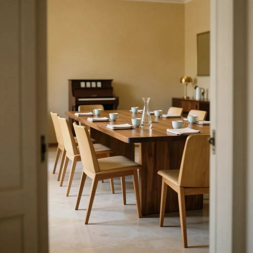Sala aziendale pronta, tavolo in noce, sedie leggere, tazze chiuse e caraffa d’acqua.