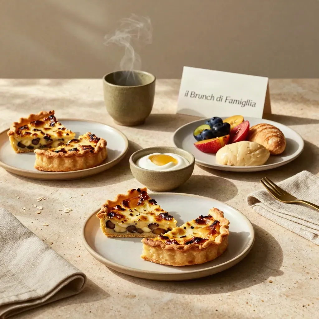 Flatlay del brunch di famiglia con piatti caldi, dolci, frutta e tovaglioli di lino su pietra chiara