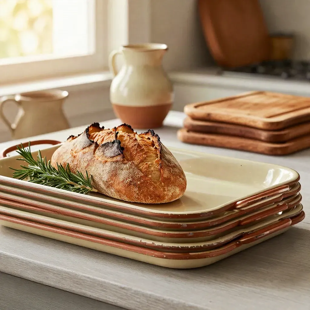 Macro di teglie smaltate, pane rustico, erbe aromatiche e brocche su banco in legno chiaro.