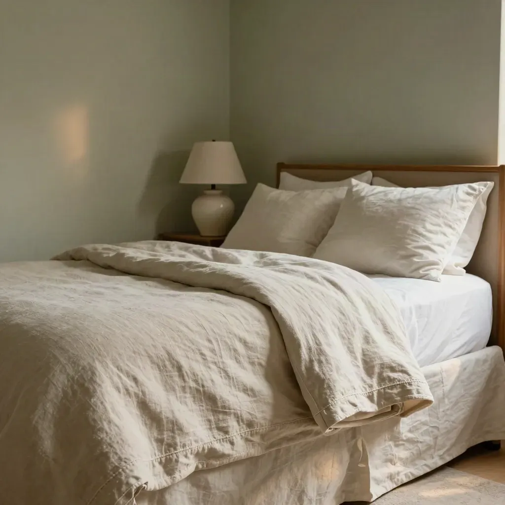 Camera salvia con letto queen, lino naturale e abat-jour in ceramica in una stanza serena