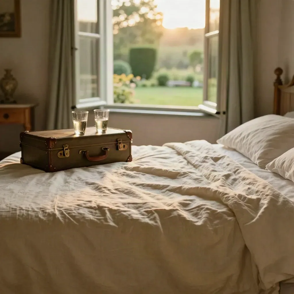 Camera di country house con letto disfatto, valigia in tela, bicchieri e finestra aperta sul giardino