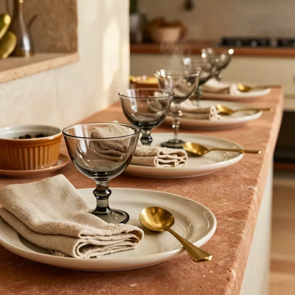 Vassoi di ceramica, vetro e lino con portate in sequenza per il ricevimento, luce calda radente.