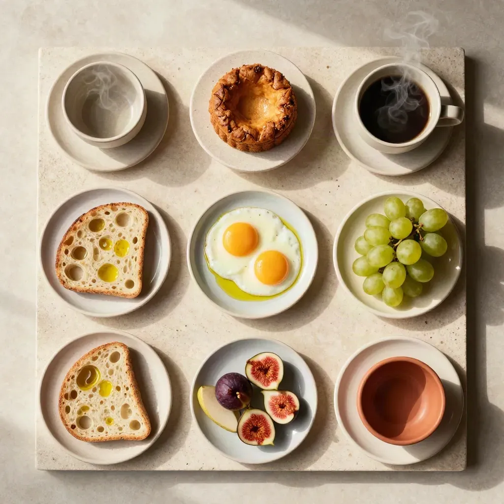 Flat lay zenitale di brunch per due con focaccine, uova, frutta, tortina e caffè su pietra chiara