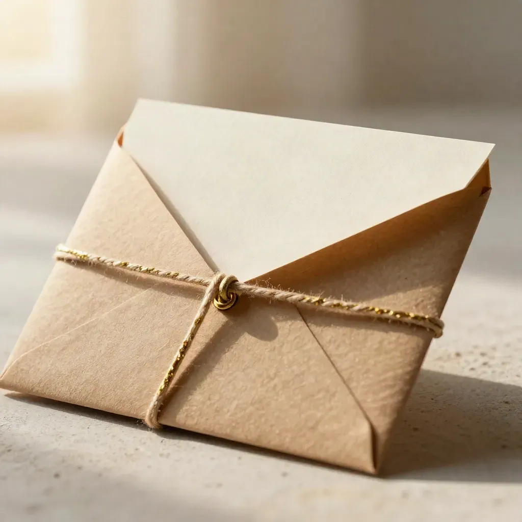 Busta kraft aperta con gift card avorio e cordino fine su fondo chiaro.