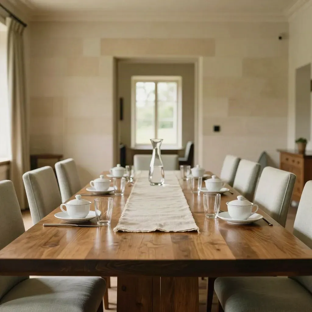 Sala riunioni luminosa con tavolo in noce, sedie leggere, tazze chiuse e caraffa d'acqua.