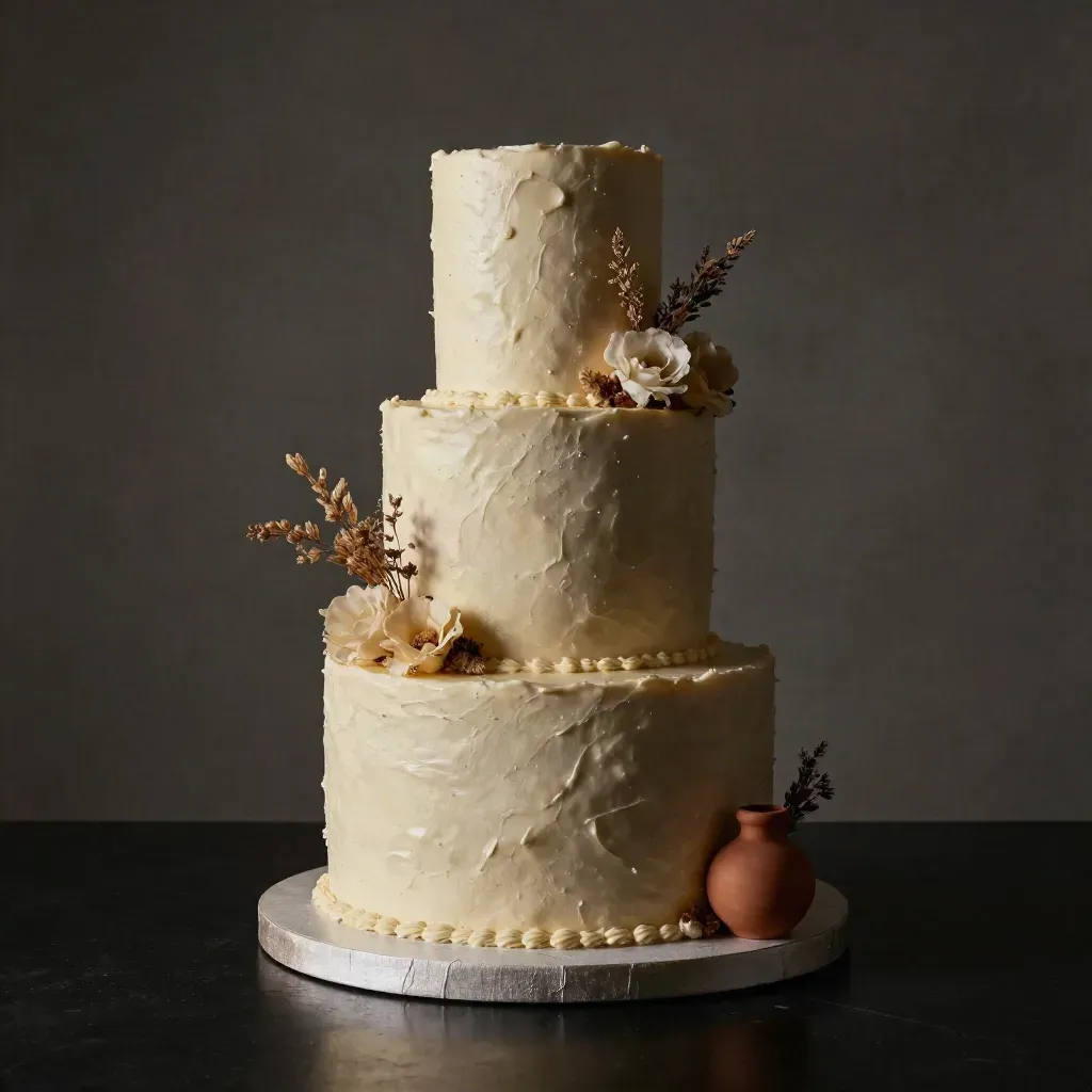 Torta nuziale a più piani con fiori secchi, luce drammatica e base in lino.