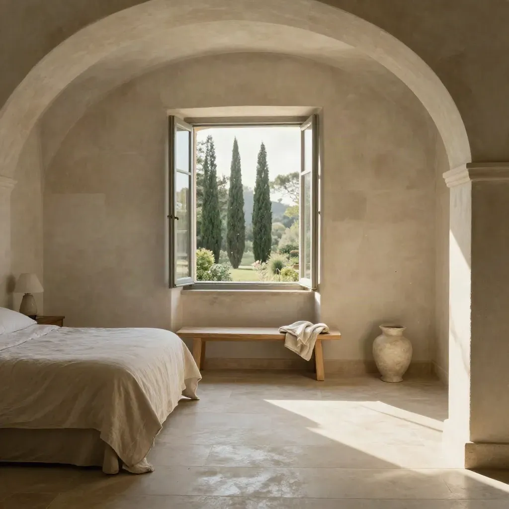 Suite in pietra chiara con arco, letto di lino e finestra aperta sui cipressi