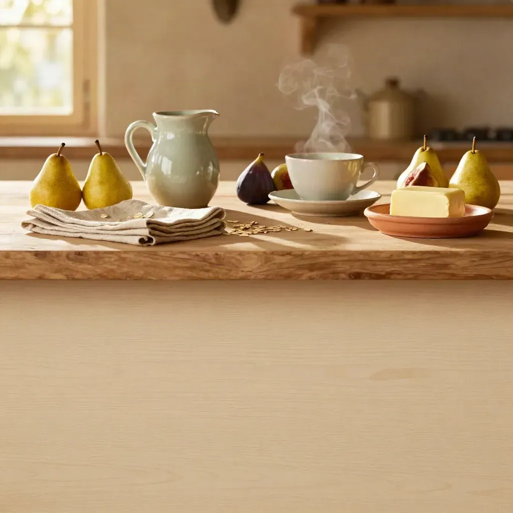Tavolo di legno chiaro con ceramiche, frutta e lino piegato in luce dorata.