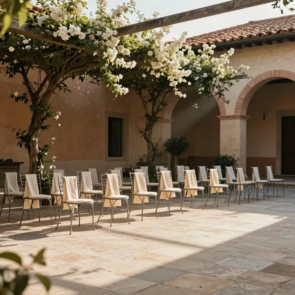 Corte in pietra con sedie, pergola fiorita e luce dorata prima del ricevimento