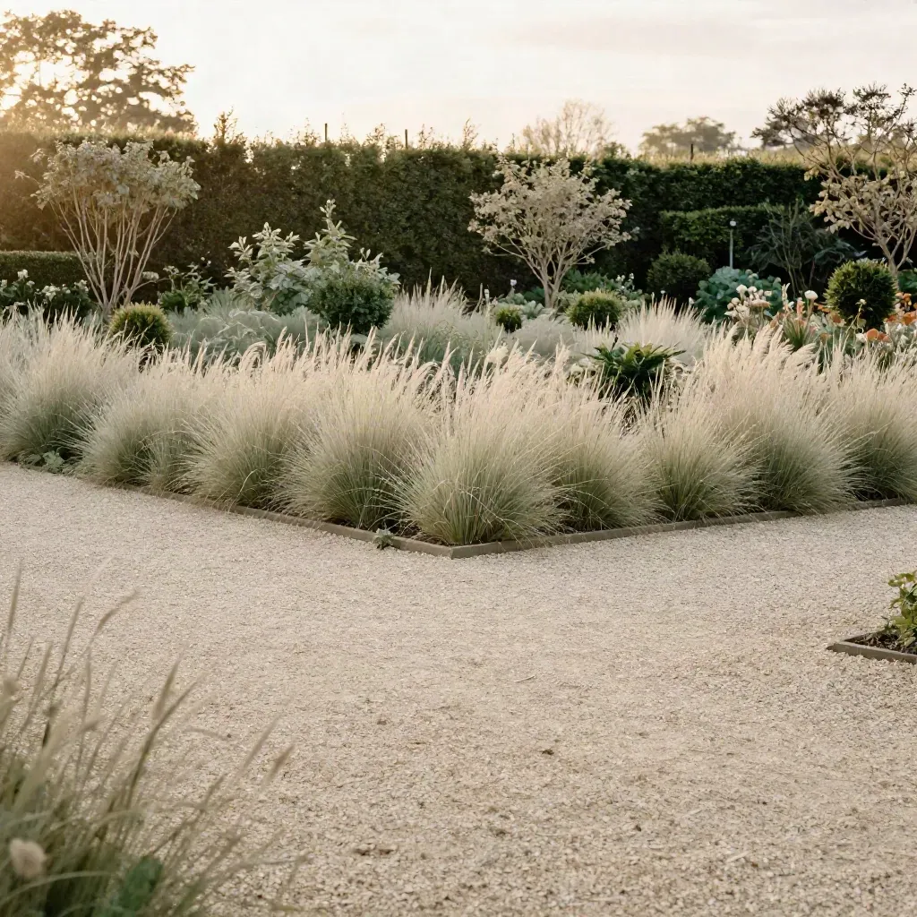 Giardino elegante con siepi morbide, vialetto di ghiaia e alberi leggeri al vento