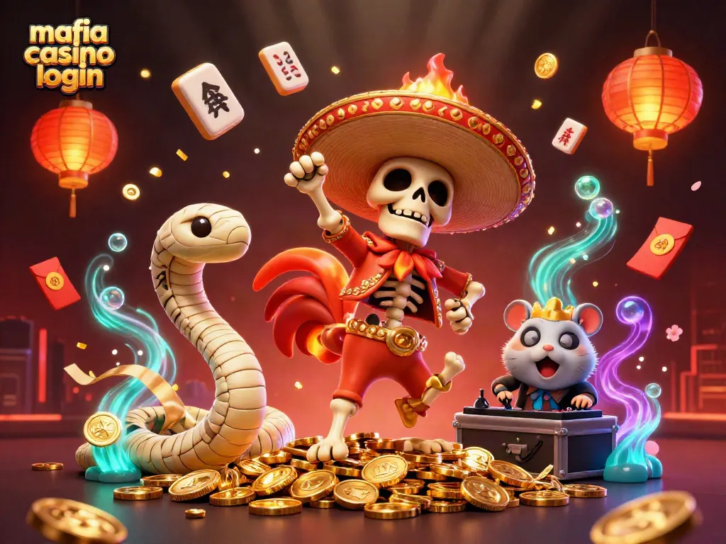 Join the Mafia Casino login scene with dazzling characters and casino-themed decorations.