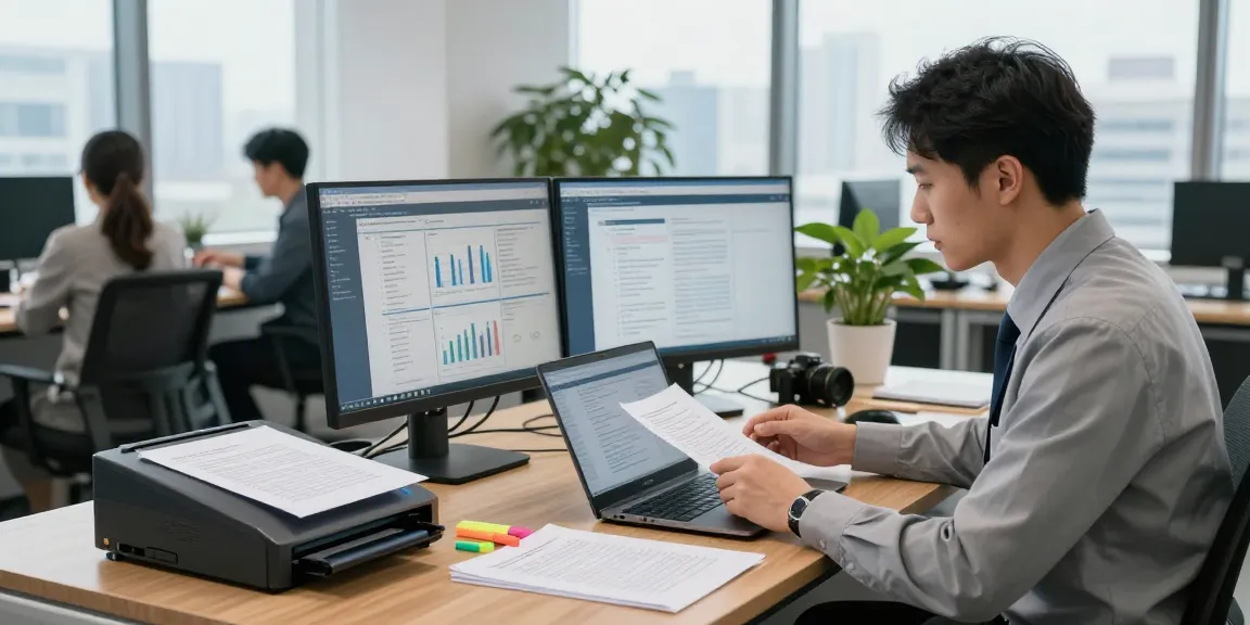 Document fraud detection analysis in a professional office, accountant reviewing files and graphs.
