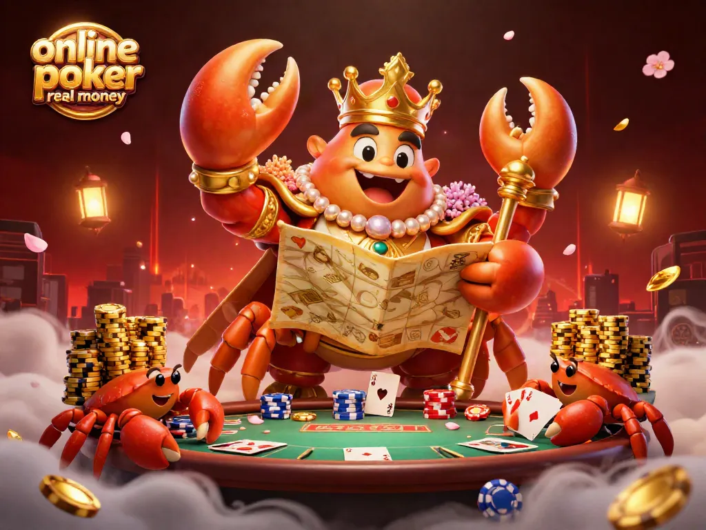 Engage in online poker real money action with vibrant chips, tables, and a golden crab emperor.